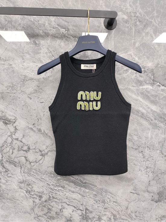 Miu Miu Tops - Miu Miu Black Ribbed Tank with Neon Yellow-Green Logo
